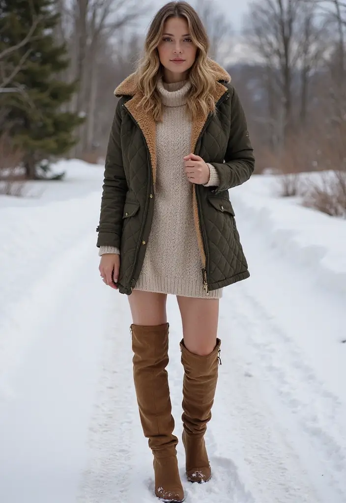 29 Fresh Winter Cowgirl Outfit Ideas You Need To Try - 11. Quilted Jacket with a Sweater Dress