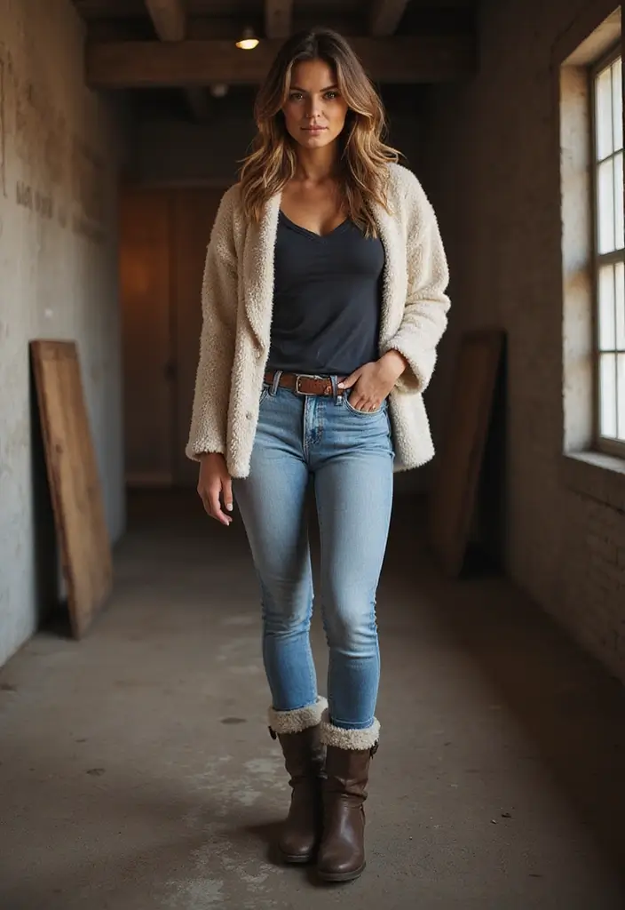 29 Fresh Winter Cowgirl Outfit Ideas You Need To Try - 12. Shearling-Lined Boots with a Casual Outfit