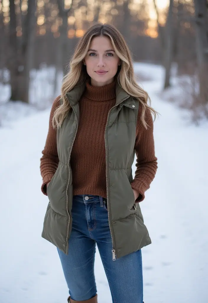 29 Fresh Winter Cowgirl Outfit Ideas You Need To Try - 13. Puffer Vest with High-Waisted Jeans