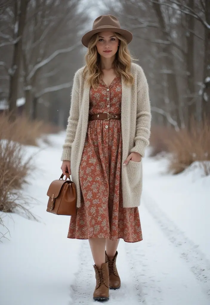 29 Fresh Winter Cowgirl Outfit Ideas You Need To Try - 14. Vintage-Inspired Dress with Cardigan