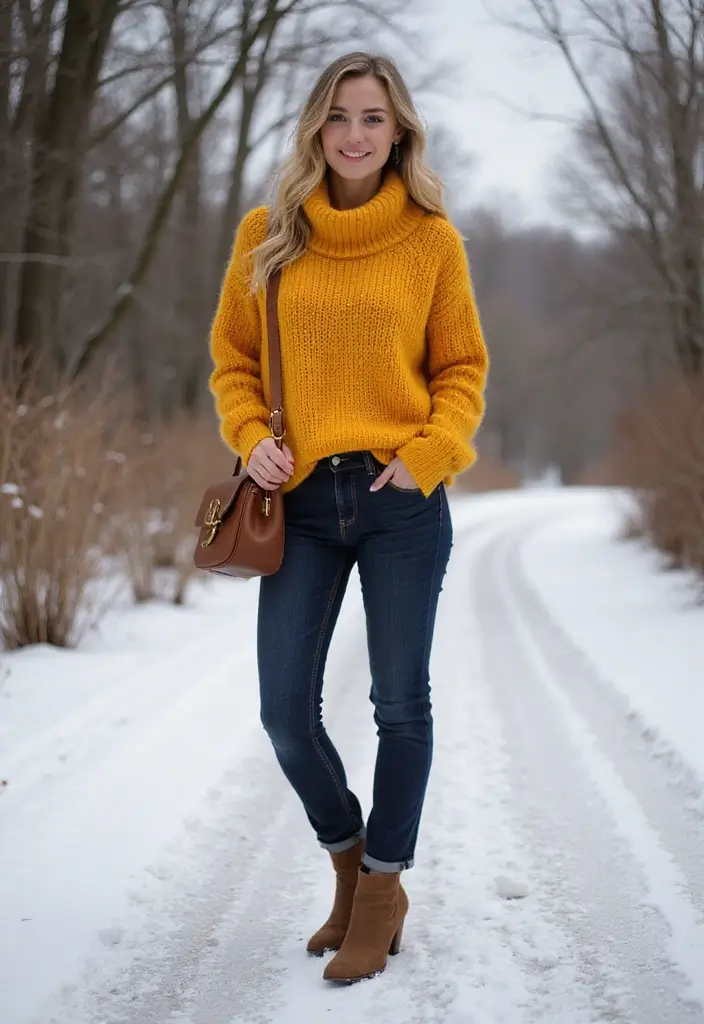 29 Fresh Winter Cowgirl Outfit Ideas You Need To Try - 19. Brightly Colored Sweater with Dark Denim