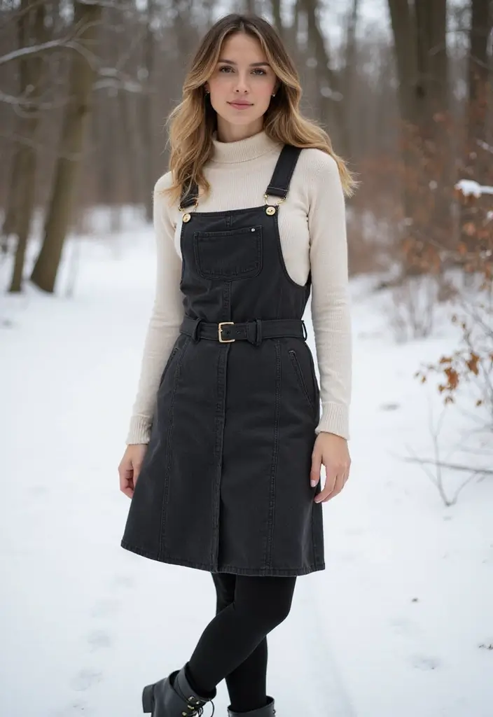 29 Fresh Winter Cowgirl Outfit Ideas You Need To Try - 28. Pinafore Dress with Warm Layers