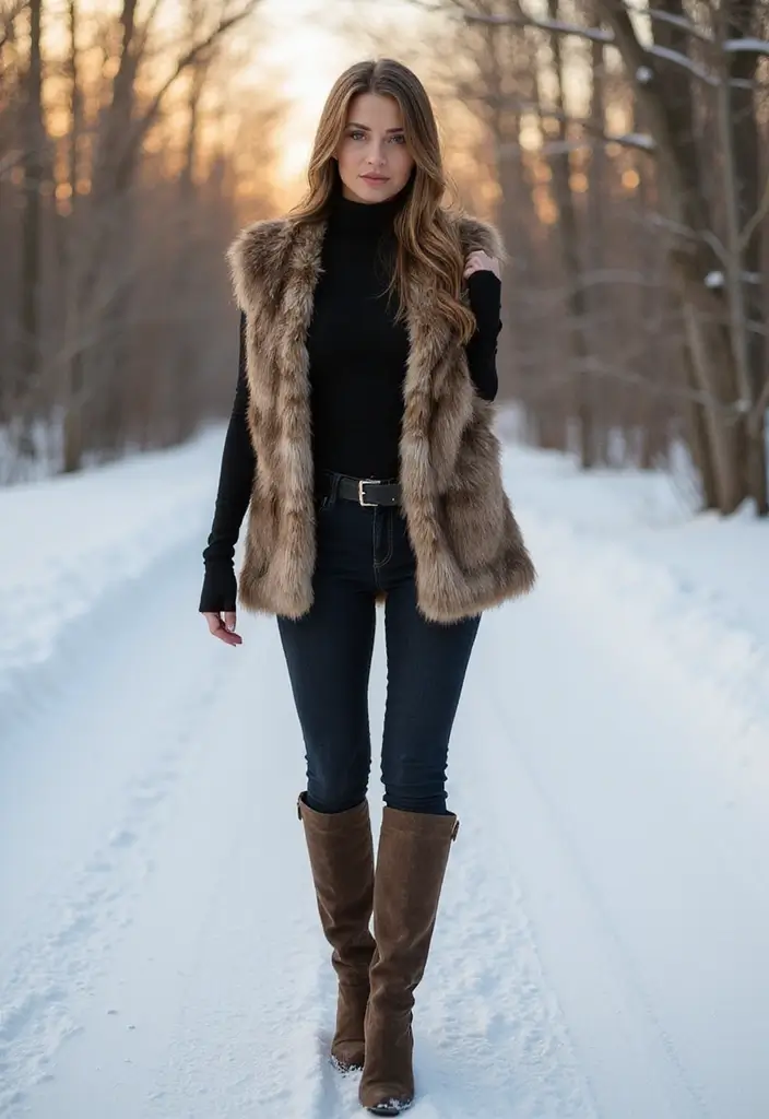 29 Fresh Winter Cowgirl Outfit Ideas You Need To Try - 3. Faux Fur Vest Over a Turtleneck