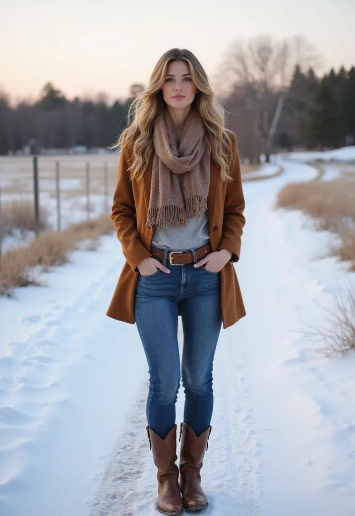 29 Fresh Winter Cowgirl Outfit Ideas You Need To Try - 4. Classic Western Jacket with Wool Scarf