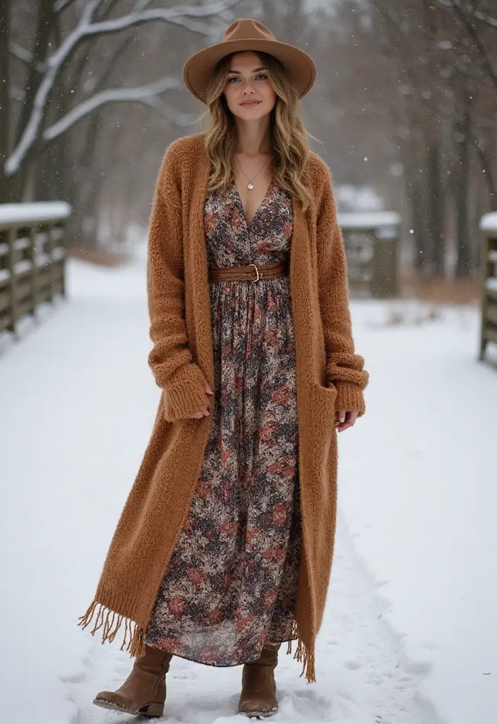 29 Fresh Winter Cowgirl Outfit Ideas You Need To Try - 5. Cozy Maxi Dress with a Long Cardigan