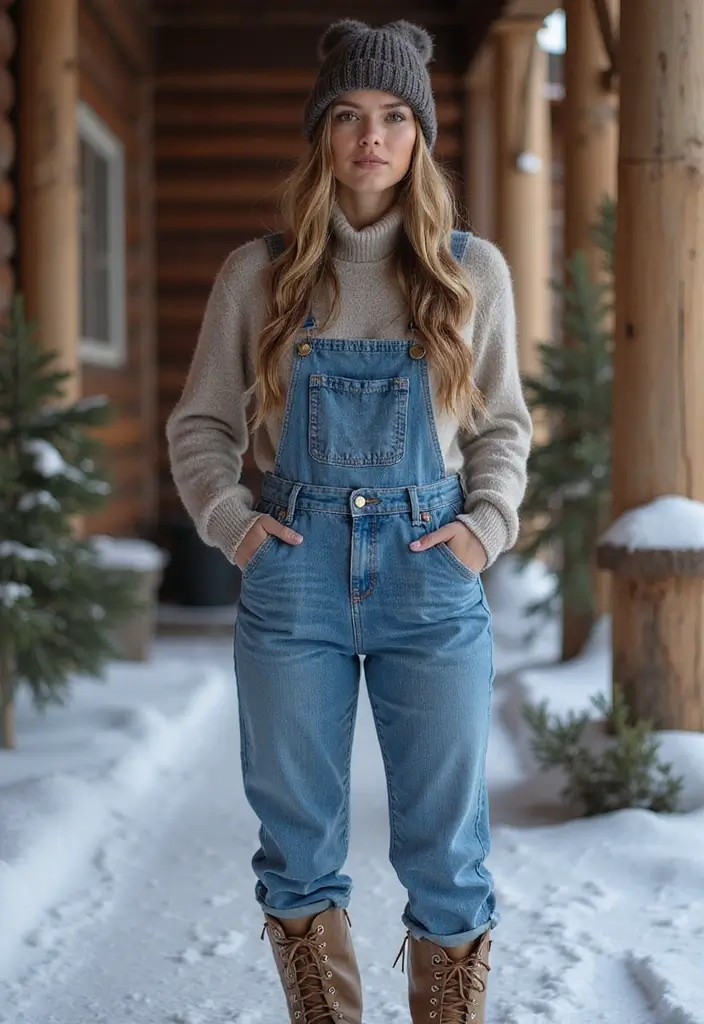 29 Fresh Winter Cowgirl Outfit Ideas You Need To Try - 6. Denim Overalls with Warm Layers