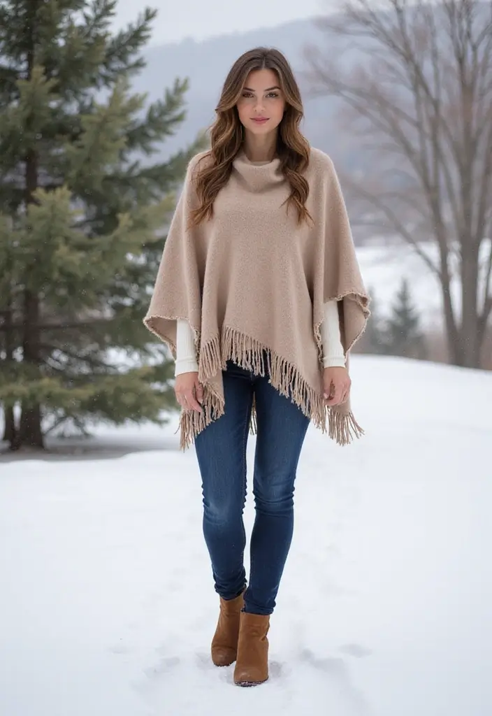 29 Fresh Winter Cowgirl Outfit Ideas You Need To Try - 7. Wool Poncho with Fringe Details