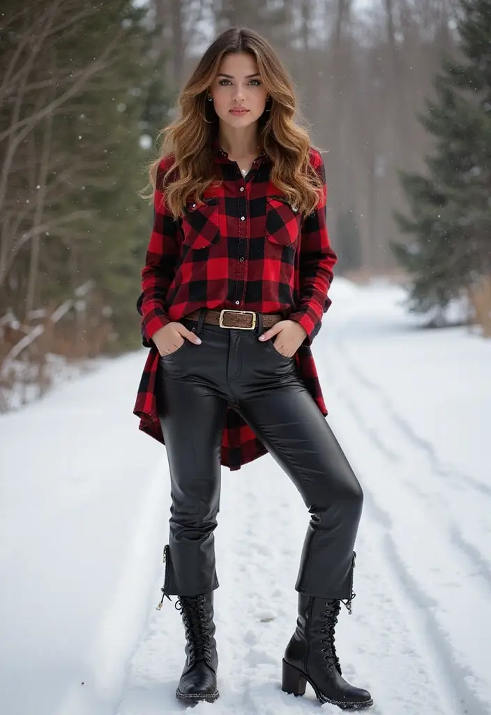29 Fresh Winter Cowgirl Outfit Ideas You Need To Try - 8. Stylish Buffalo Plaid Shirt with Faux Leather Pants