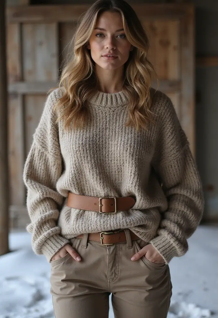 29 Fresh Winter Cowgirl Outfit Ideas You Need To Try - 9. Oversized Chunky Sweater with a Belt