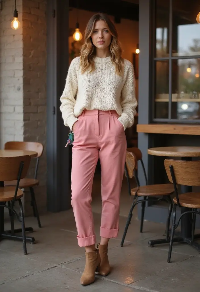 29 Pink Pants Outfit Inspirations For Real Life - 11. Pink Trousers with a Chunky Knit Sweater