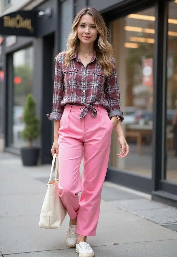29 Pink Pants Outfit Inspirations For Real Life - 12. Casual Pink Pants with a Plaid Shirt