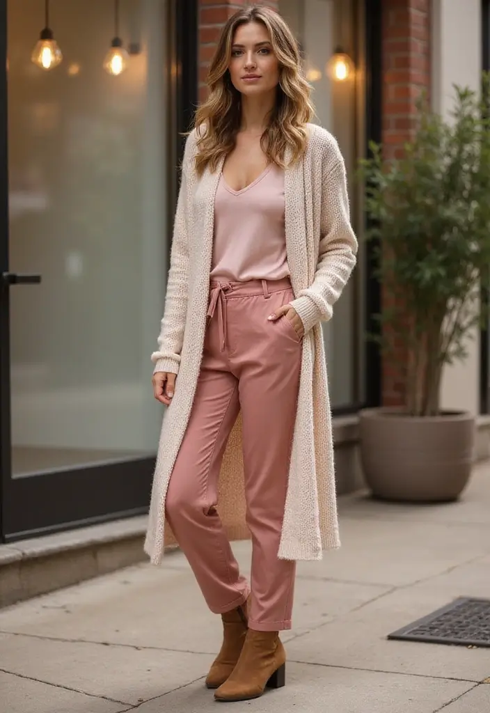 29 Pink Pants Outfit Inspirations For Real Life - 13. Pink Pants with a Long Cardigan