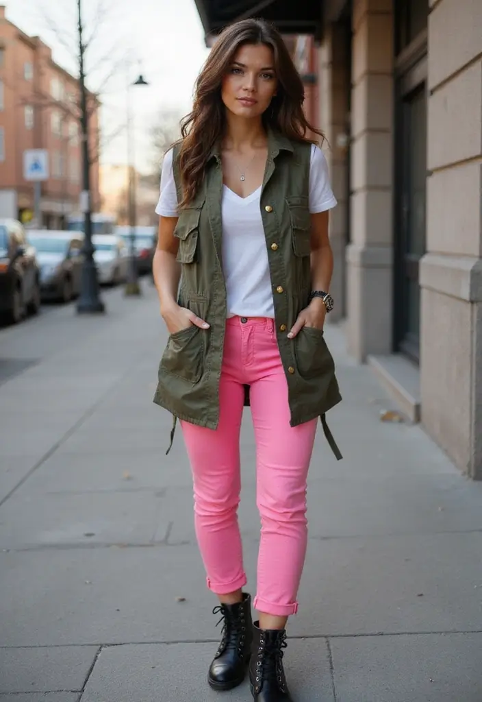 29 Pink Pants Outfit Inspirations For Real Life - 19. Pink Pants with a Utility Vest