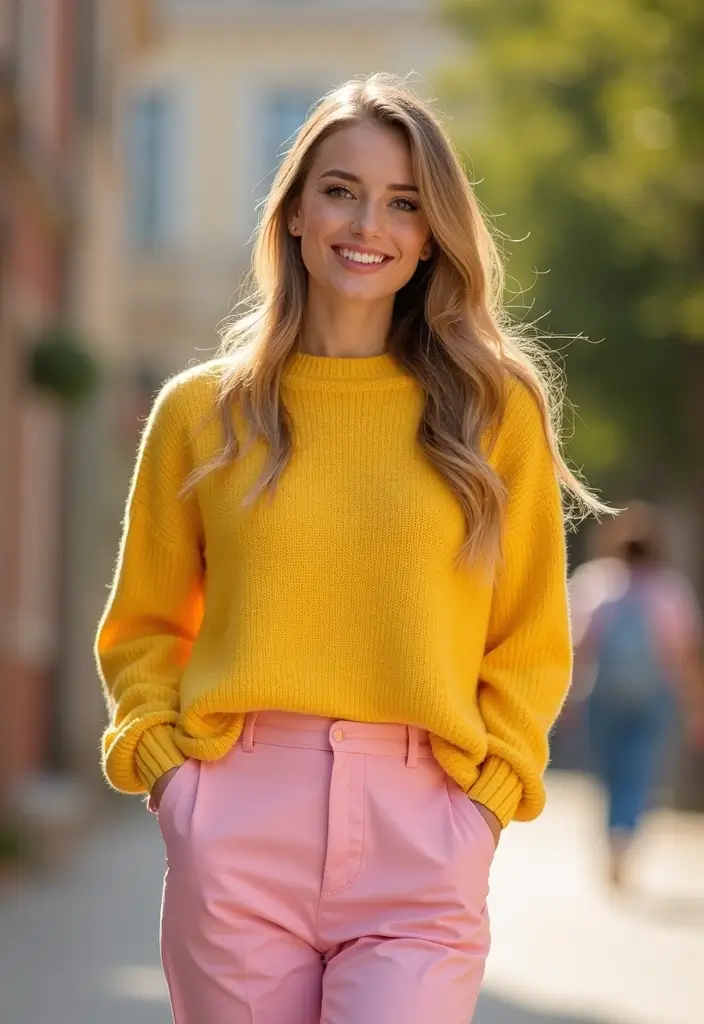 29 Pink Pants Outfit Inspirations For Real Life - 20. Pastel Pink Pants with a Bright Sweater