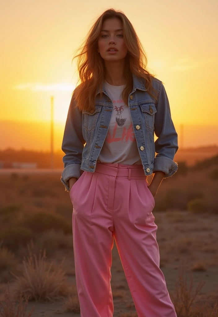 29 Pink Pants Outfit Inspirations For Real Life - 3. Pink Trousers with a Denim Jacket