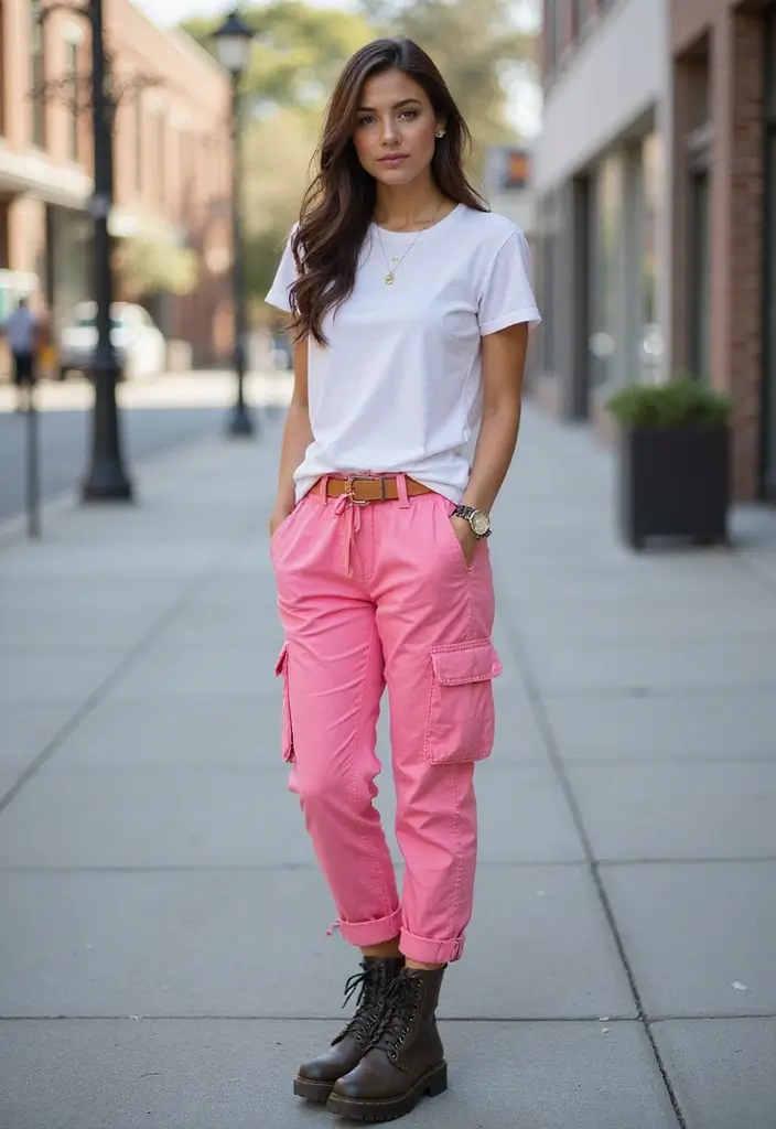 29 Pink Pants Outfit Inspirations For Real Life - 8. Pink Cargo Pants with a Basic Tee