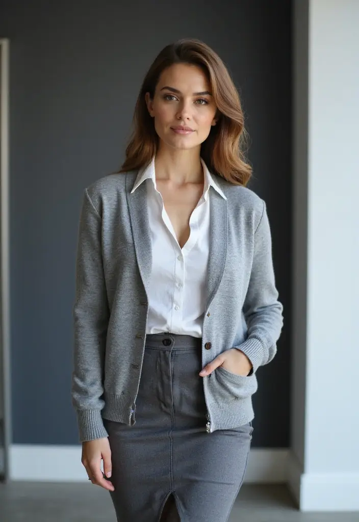 29 Trendy Grey Cardigan Outfit To Refresh Your Closet - 11. Fashion-Forward with a Pencil Skirt
