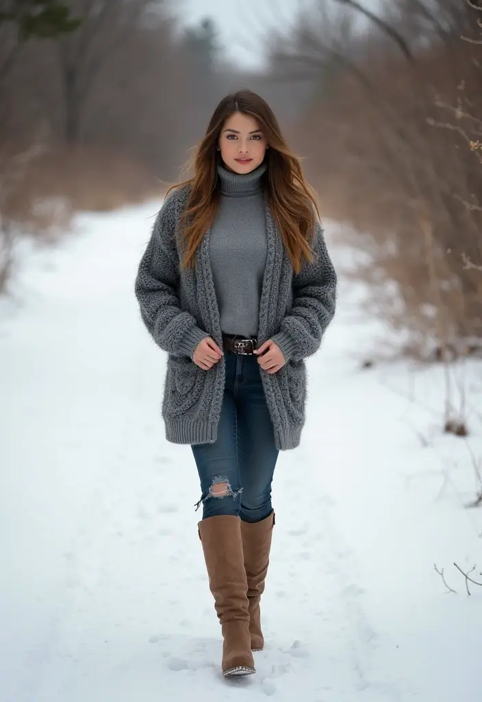 29 Trendy Grey Cardigan Outfit To Refresh Your Closet - 12. Cozy Knit and Boot Combo