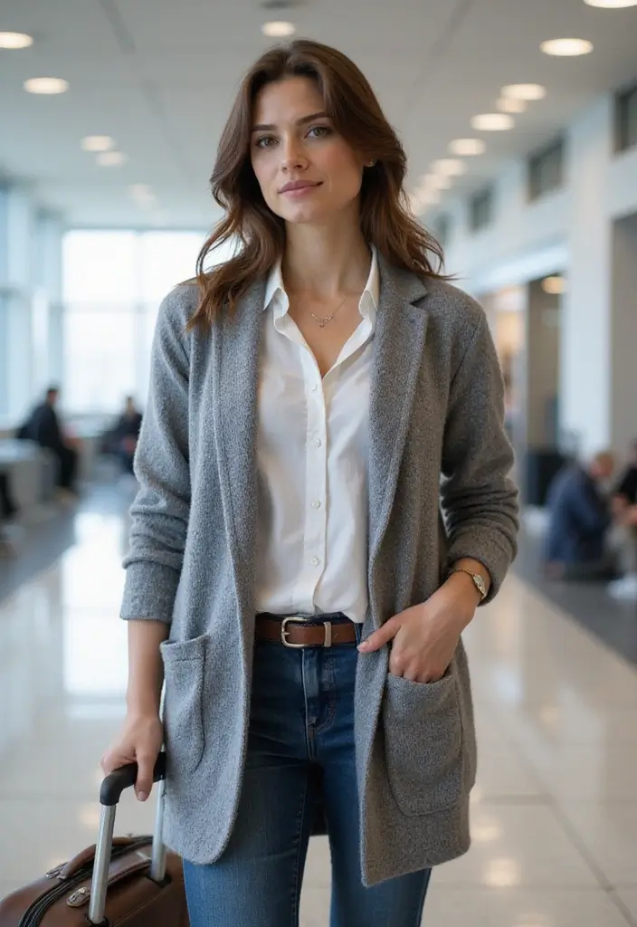 29 Trendy Grey Cardigan Outfit To Refresh Your Closet - 16. Chic Layers for Travel
