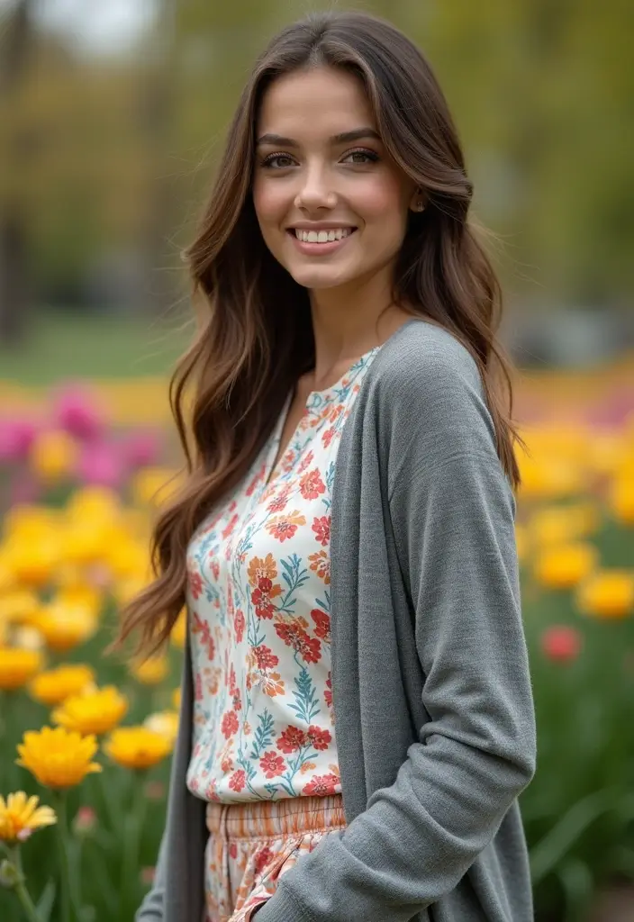 29 Trendy Grey Cardigan Outfit To Refresh Your Closet - 19. Playful Patterns with a Grey Cardigan