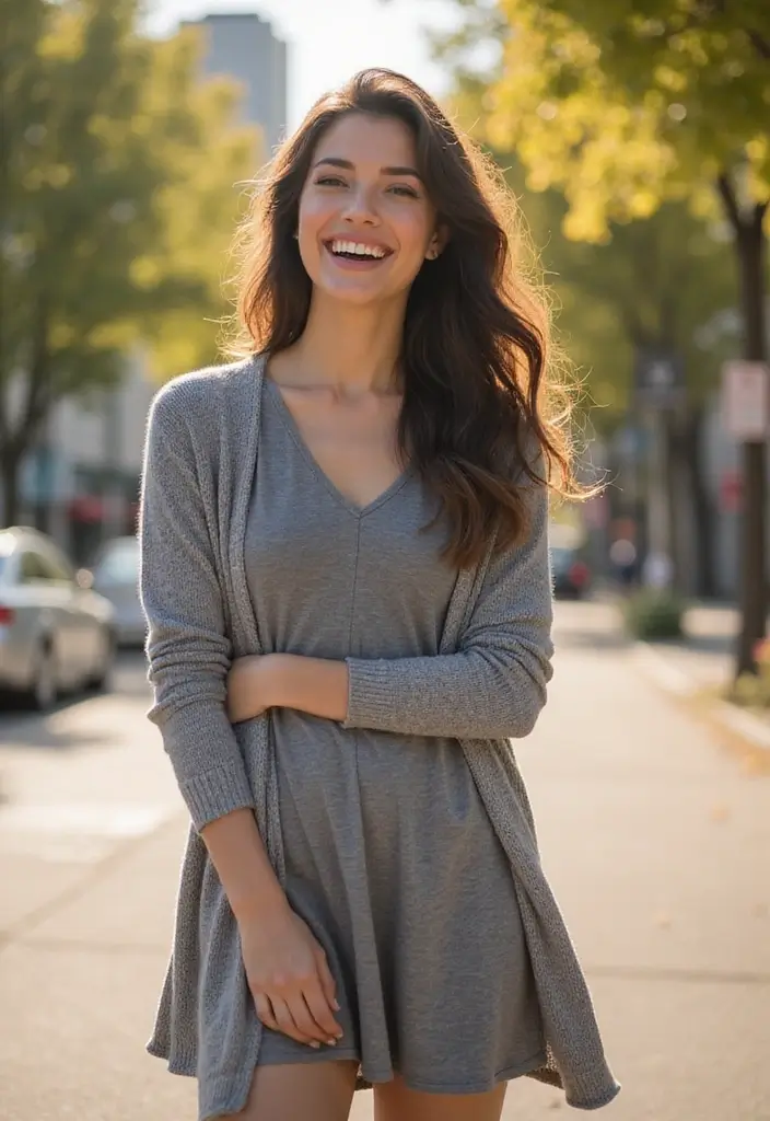 29 Trendy Grey Cardigan Outfit To Refresh Your Closet - 20. Casual Feminine with a Skater Dress