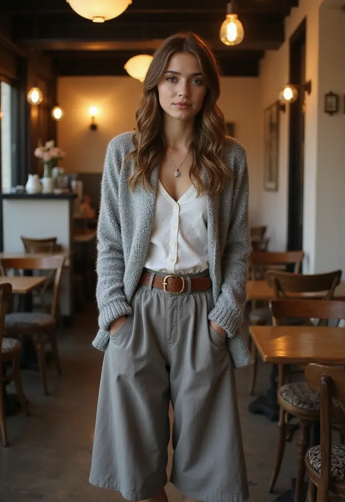 29 Trendy Grey Cardigan Outfit To Refresh Your Closet - 26. Vintage Inspired with Culottes