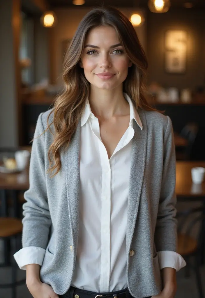 29 Trendy Grey Cardigan Outfit To Refresh Your Closet - 28. Casual Elegance with a White Shirt