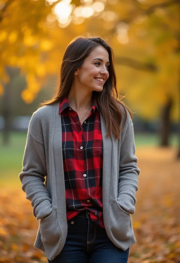 29 Trendy Grey Cardigan Outfit To Refresh Your Closet - 29. Fun Layering with a Flannel