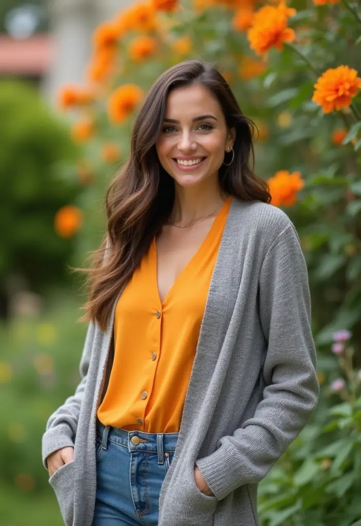 29 Trendy Grey Cardigan Outfit To Refresh Your Closet - 7. Contrast with Bright Colors