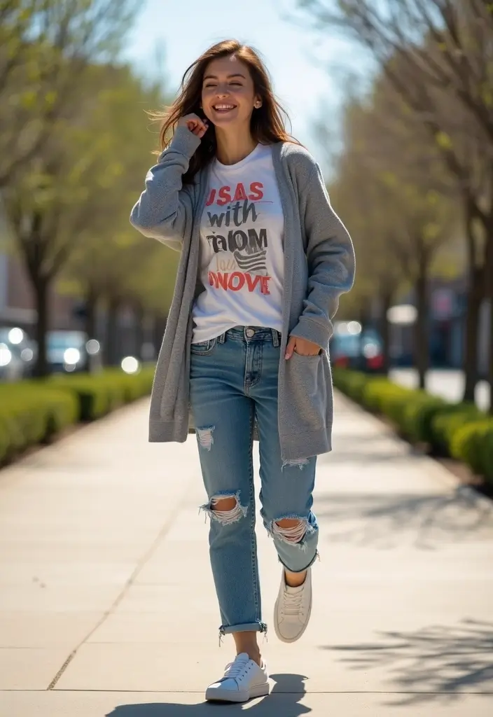 29 Trendy Grey Cardigan Outfit To Refresh Your Closet - 9. Weekend Vibes with a Graphic Tee