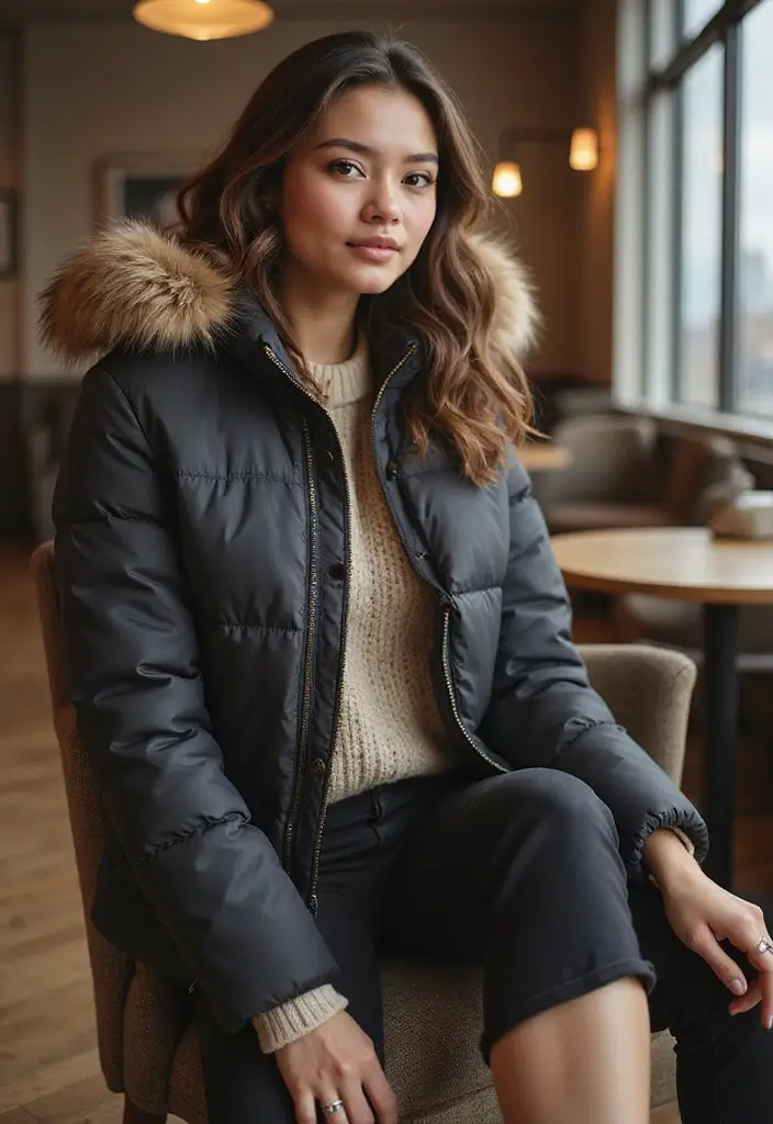 30 Movie Night Outfit Looks That Will Upgrade Your Wardrobe - 29. Warm Puffer Jacket