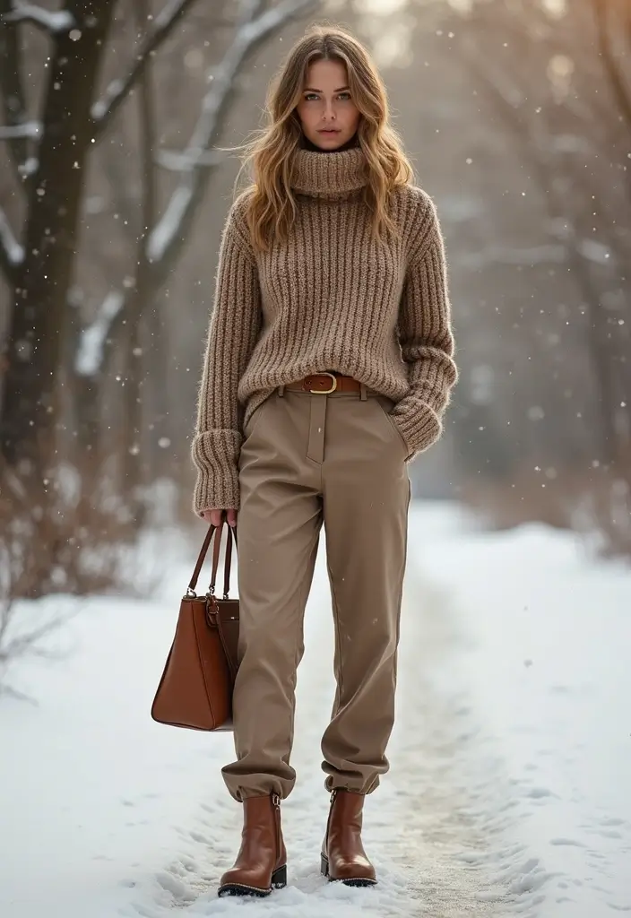 30 Must-Try Dinner Outfit Winter Combos This Season - 1. Chunky Knit Sweater & Eco-Friendly Trousers
