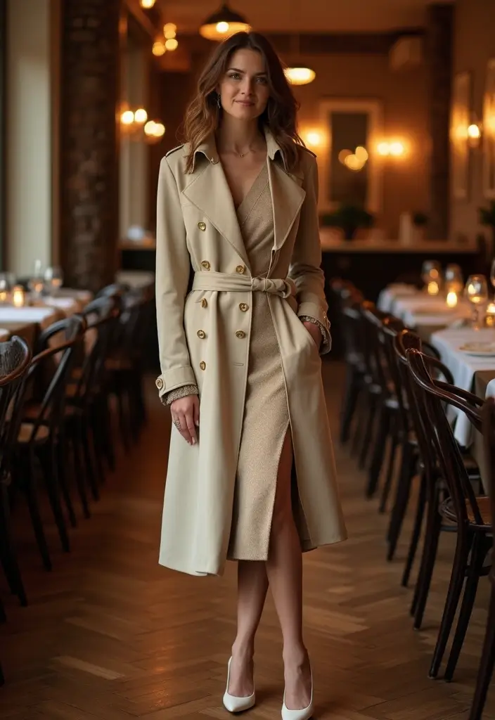 30 Must-Try Dinner Outfit Winter Combos This Season - 10. Classic Trench Coat & Midi Wrap Dress