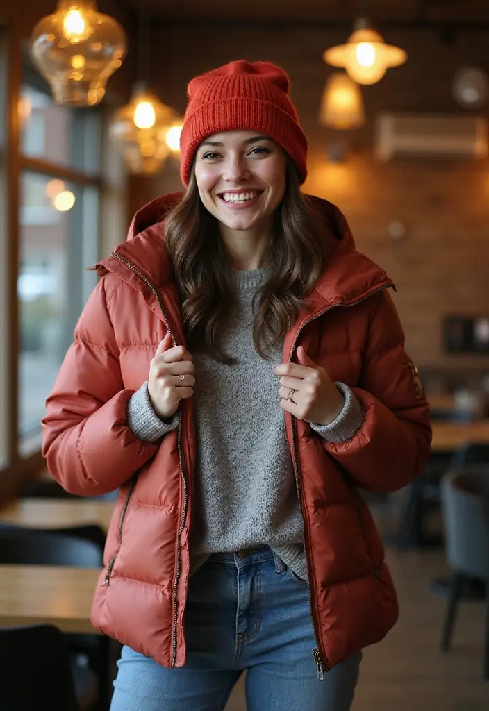30 Must-Try Dinner Outfit Winter Combos This Season - 11. Beanie & Puffer Jacket Combo