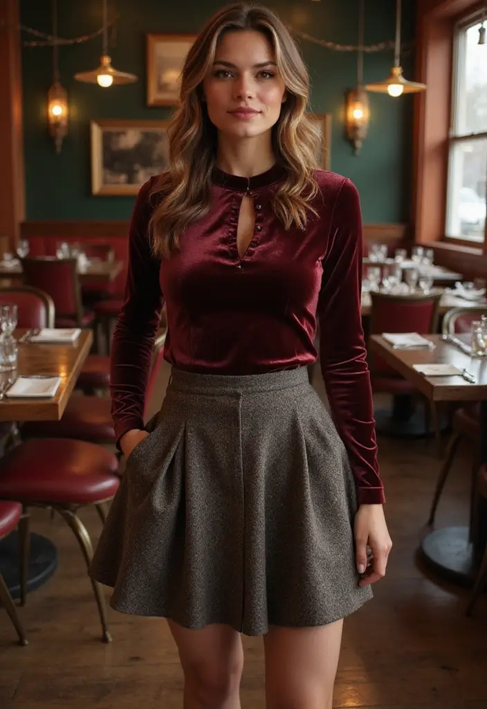 30 Must-Try Dinner Outfit Winter Combos This Season - 15. Cozy Velvet & Wool Mix