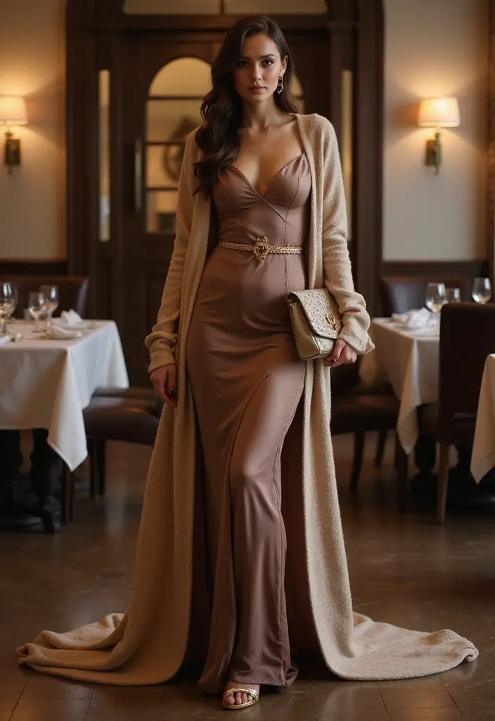 30 Must-Try Dinner Outfit Winter Combos This Season - 17. Evening Gown & Long Cardigan