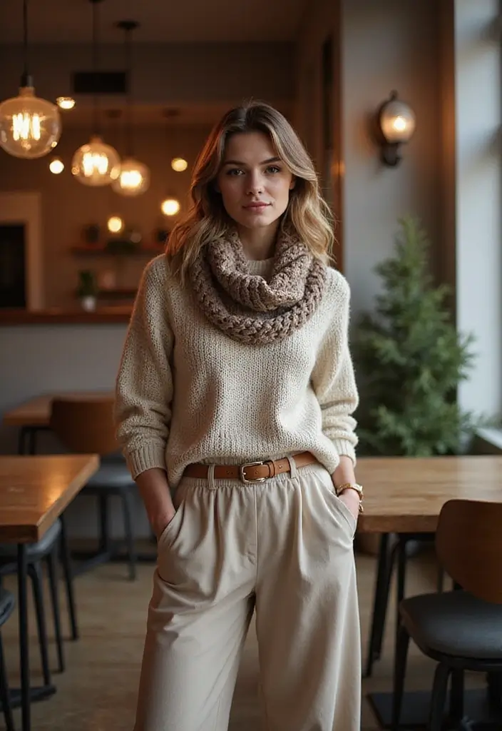 30 Must-Try Dinner Outfit Winter Combos This Season - 21. Flowy Pants & Cozy Sweater