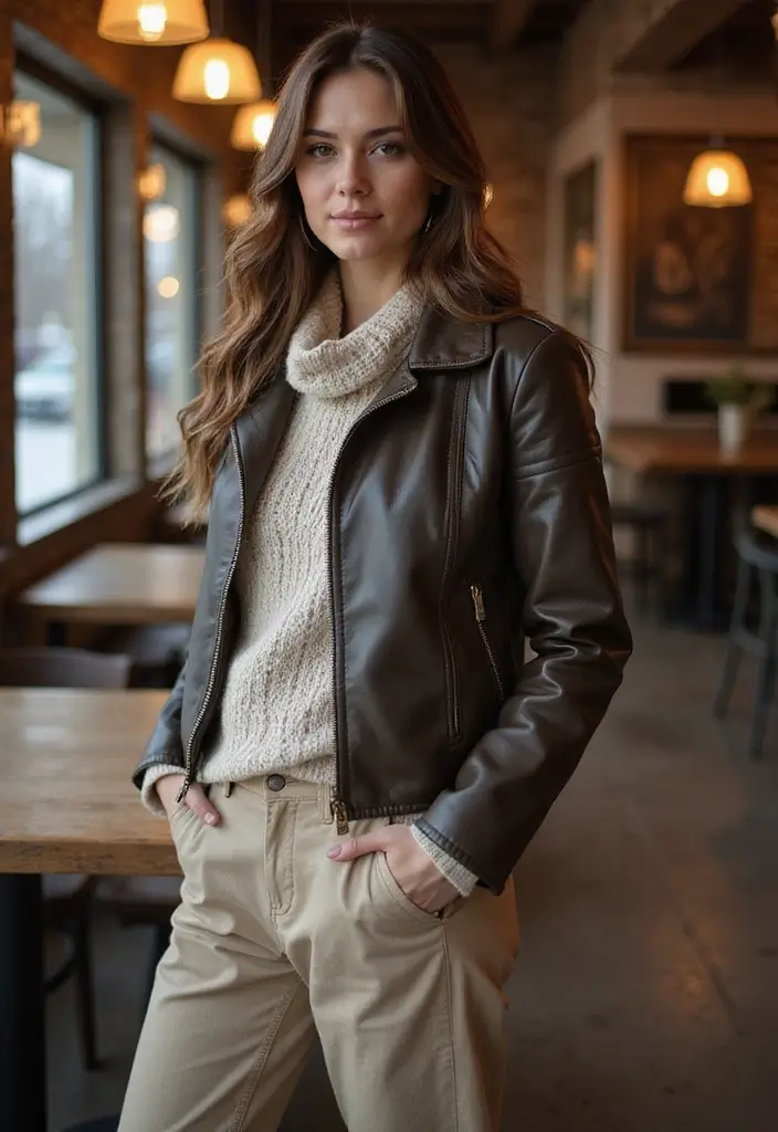 30 Must-Try Dinner Outfit Winter Combos This Season - 23. Cozy Layers with a Faux Leather Jacket