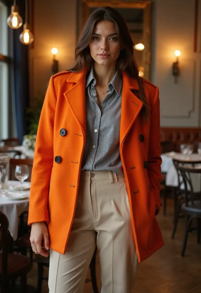30 Must-Try Dinner Outfit Winter Combos This Season - 24. Colorful Peacoat & Neutral Outfit