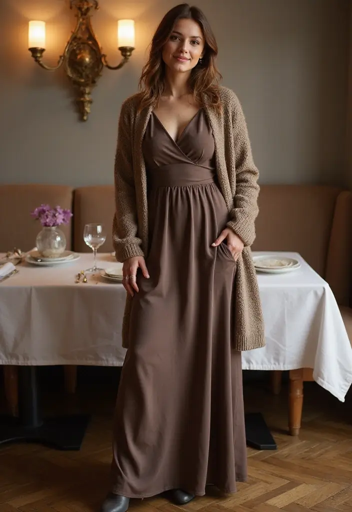 30 Must-Try Dinner Outfit Winter Combos This Season - 26. Ethically Made Maxi Dress & Cardigan