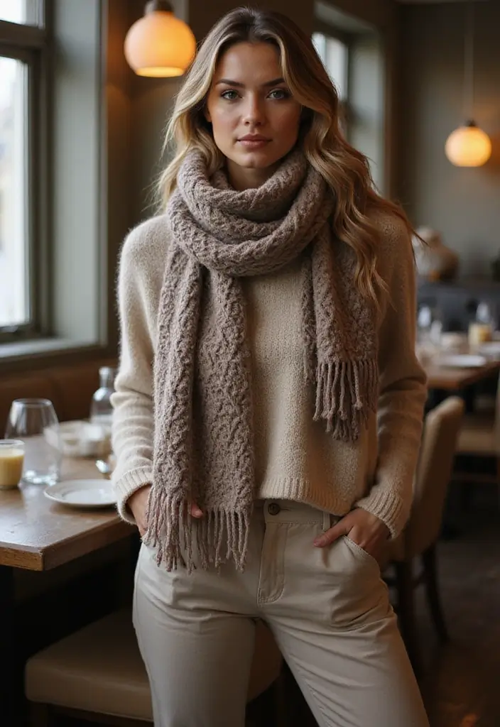 30 Must-Try Dinner Outfit Winter Combos This Season - 28. Warm Layers with an Oversized Scarf