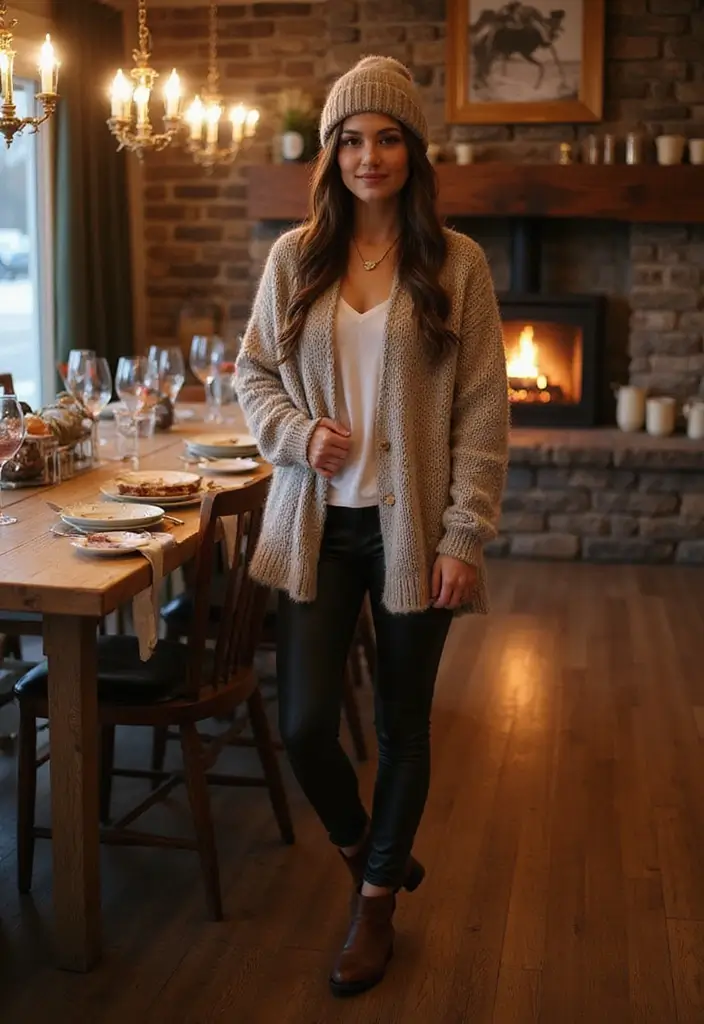 30 Must-Try Dinner Outfit Winter Combos This Season - 5. Oversized Cardigan & Leather Leggings