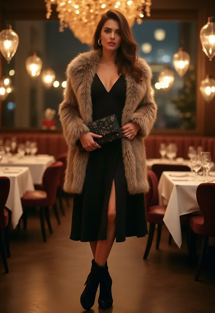 30 Must-Try Dinner Outfit Winter Combos This Season - 6. Faux Fur Coat & Midi Dress