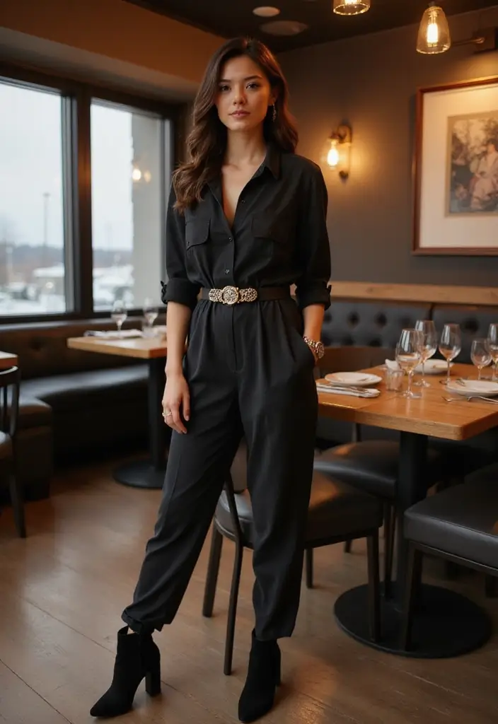 30 Must-Try Dinner Outfit Winter Combos This Season - 7. Jumpsuit & Chunky Boots