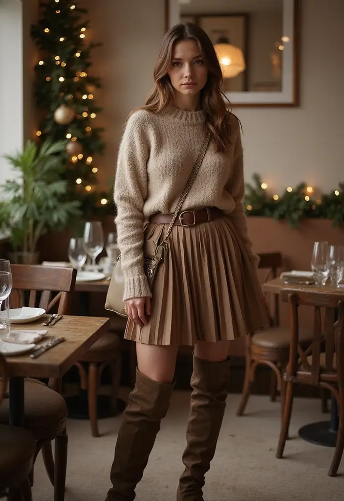 30 Must-Try Dinner Outfit Winter Combos This Season - 8. Cashmere Sweater & Pleated Skirt