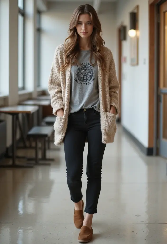 30 Must-Try Outfit Invernali Scuola Combos This Season - 12. Cardigan Over T-shirt with Slim Fit Pants