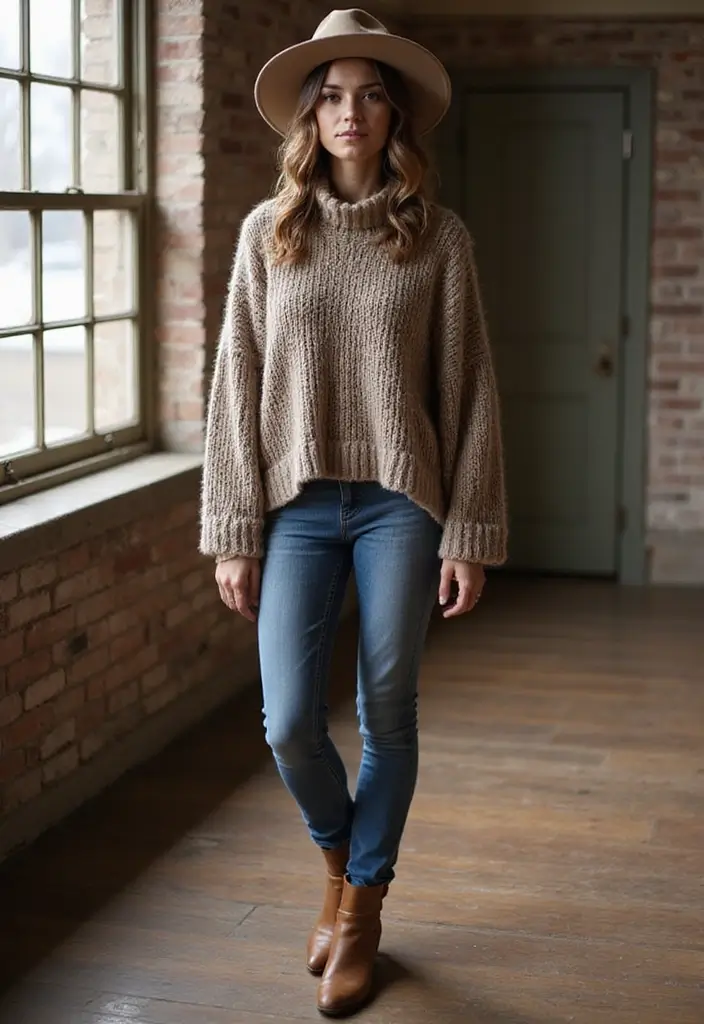 30 Must-Try Outfit Invernali Scuola Combos This Season - 16. Knitted Poncho with Slim Jeans