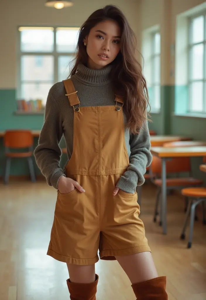 30 Must-Try Outfit Invernali Scuola Combos This Season - 17. Stylish Overalls with Turtleneck
