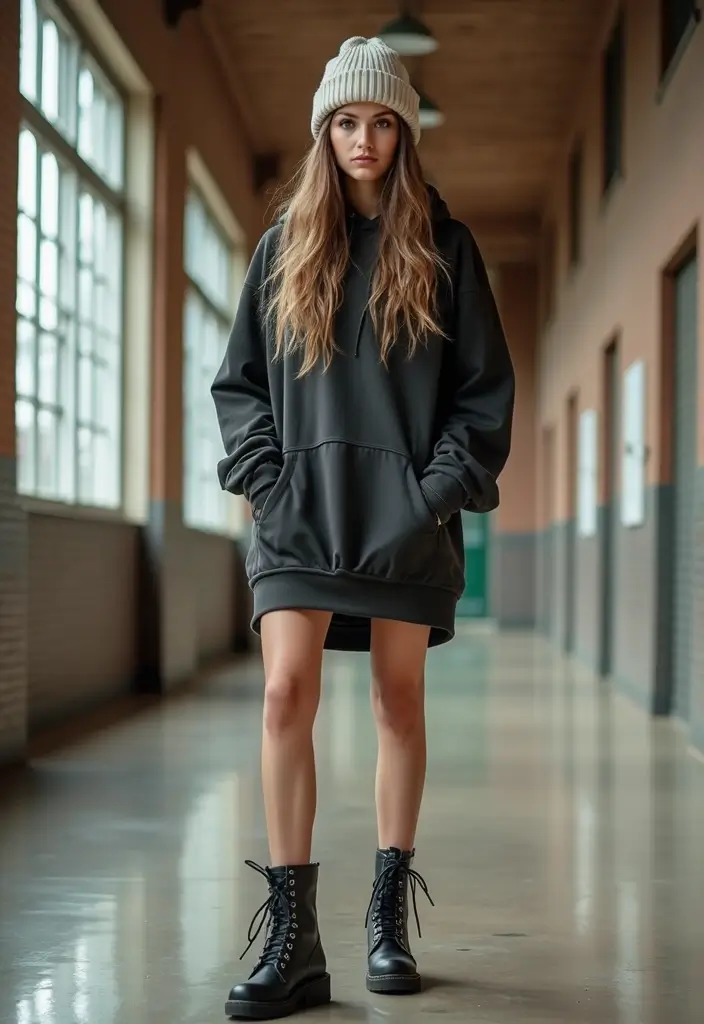 30 Must-Try Outfit Invernali Scuola Combos This Season - 18. Hoodie Dress with Combat Boots