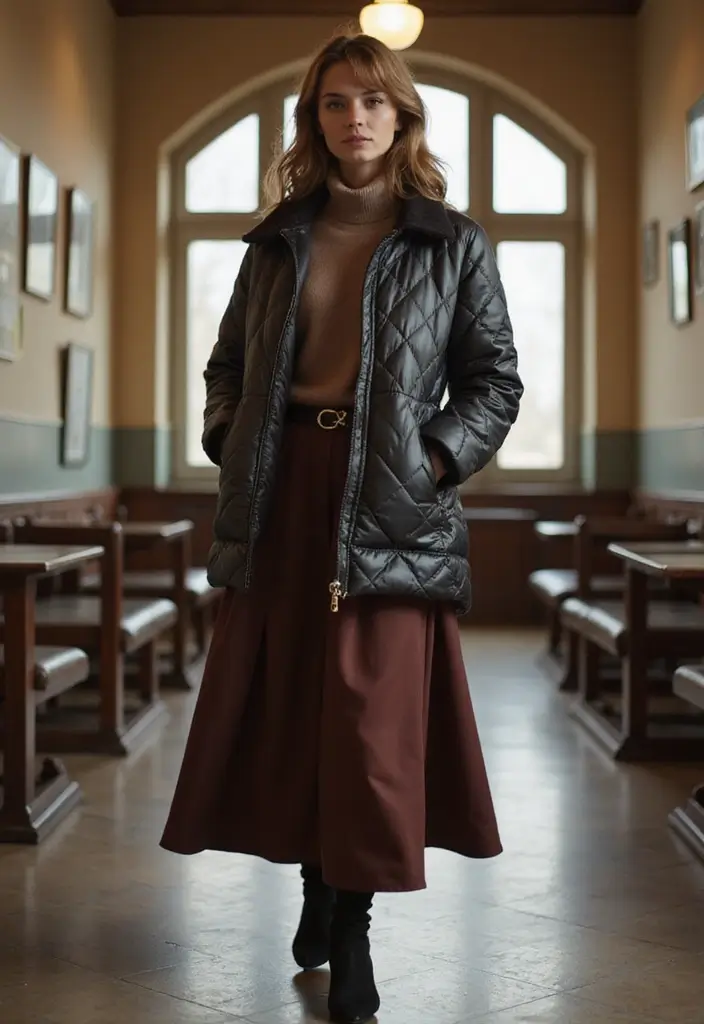 30 Must-Try Outfit Invernali Scuola Combos This Season - 19. Quilted Jacket with Midi Skirt